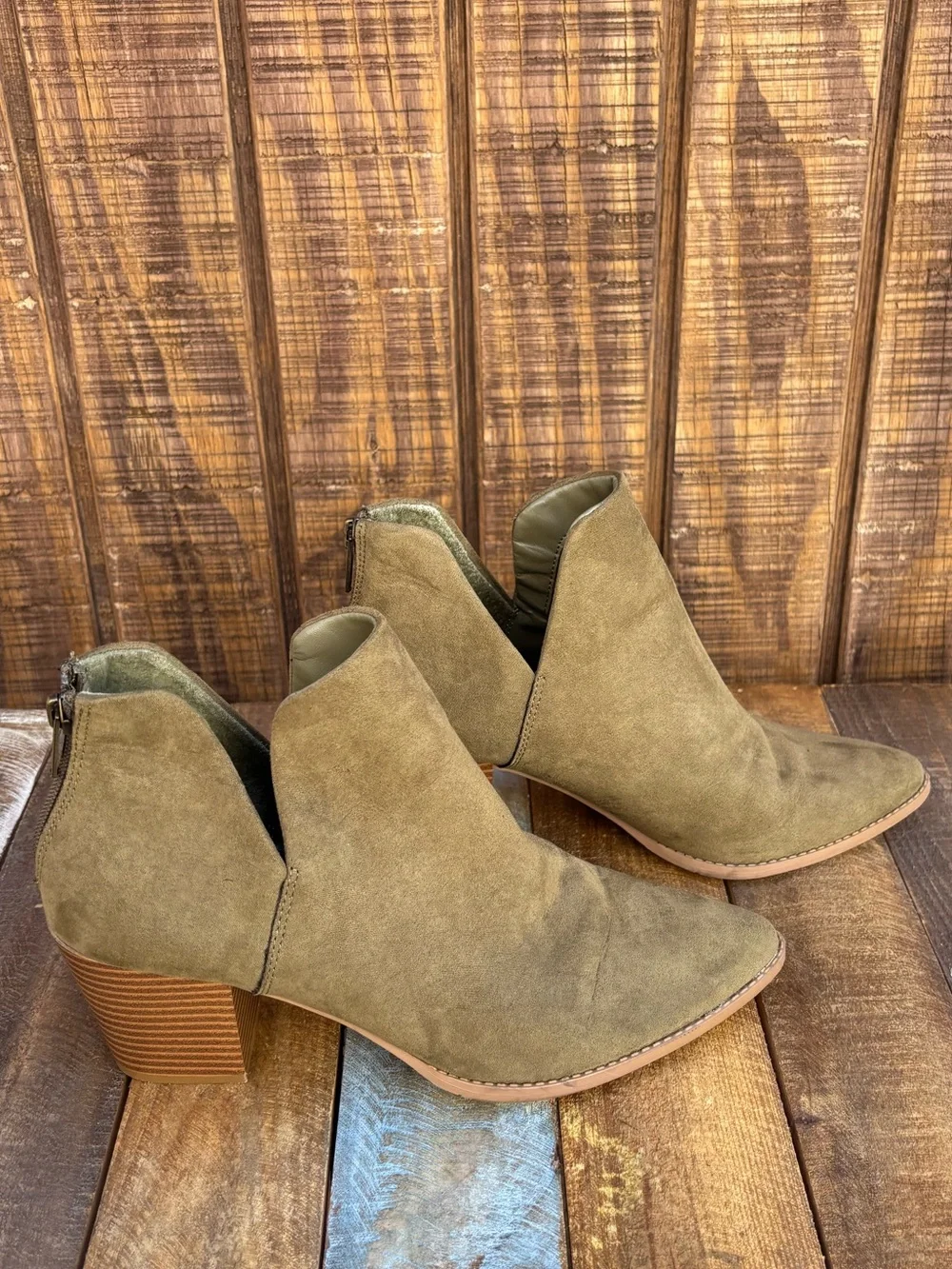 Sun + Stone Olive Green Suede Ankle Boots